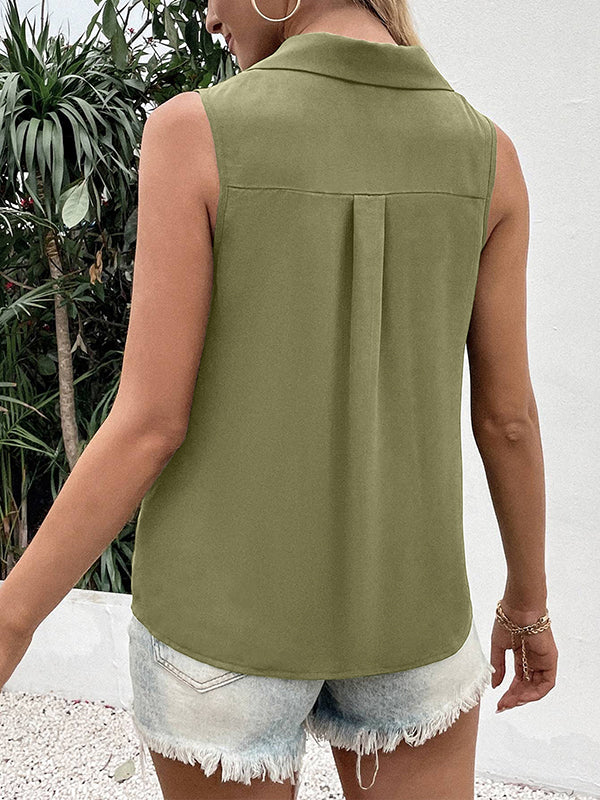 Loose Sleeveless Buttoned Solid Color Split-Joint V-Neck Vest Top - Image 8