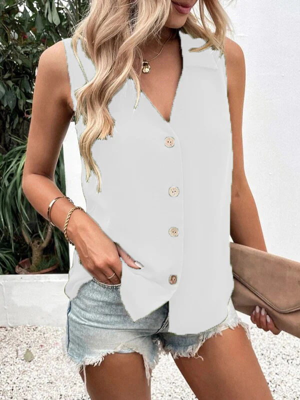 Loose Sleeveless Buttoned Solid Color Split-Joint V-Neck Vest Top - Image 9