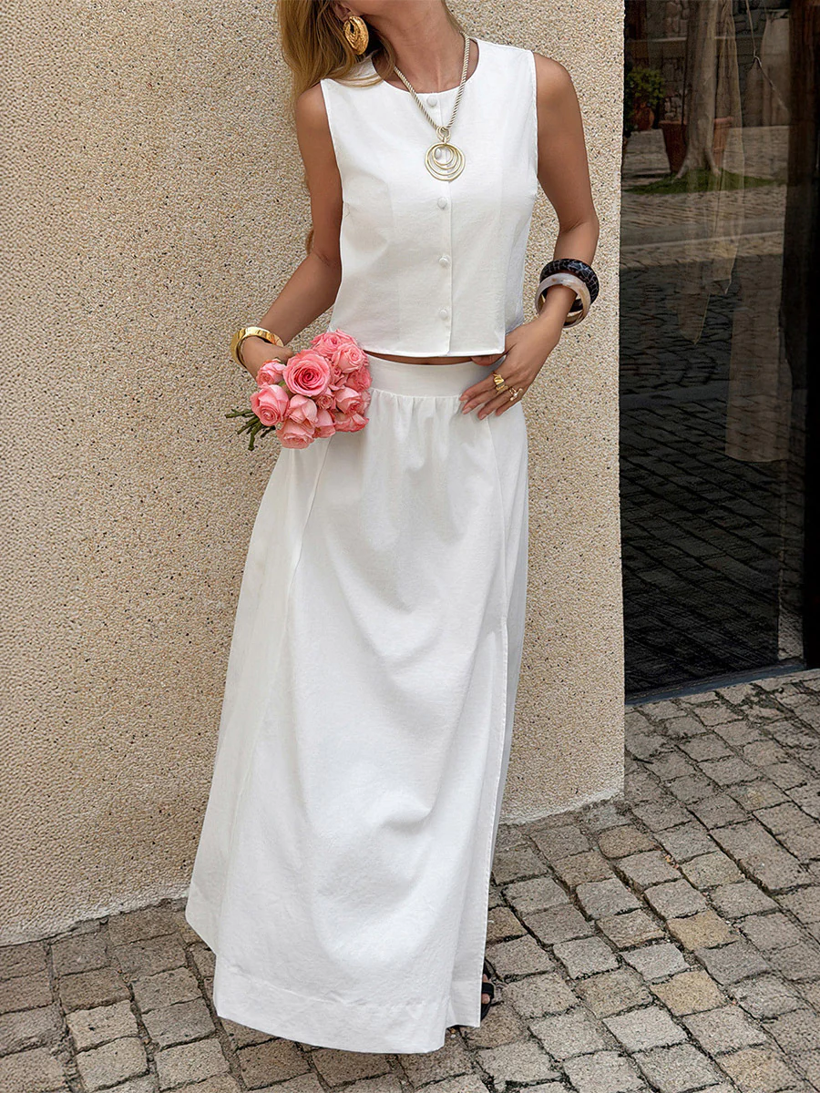 Loose Sleeveless Buttoned Solid Color Split-Side Round-Neck Vest Top + Pants Bottom Suits - Image 2
