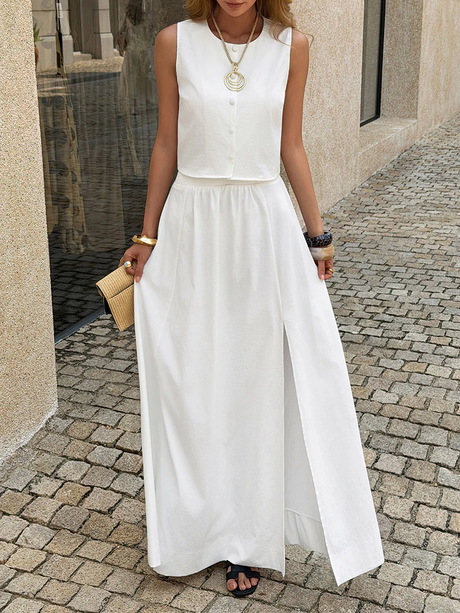 Loose Sleeveless Buttoned Solid Color Split-Side Round-Neck Vest Top + Pants Bottom Suits - Image 4
