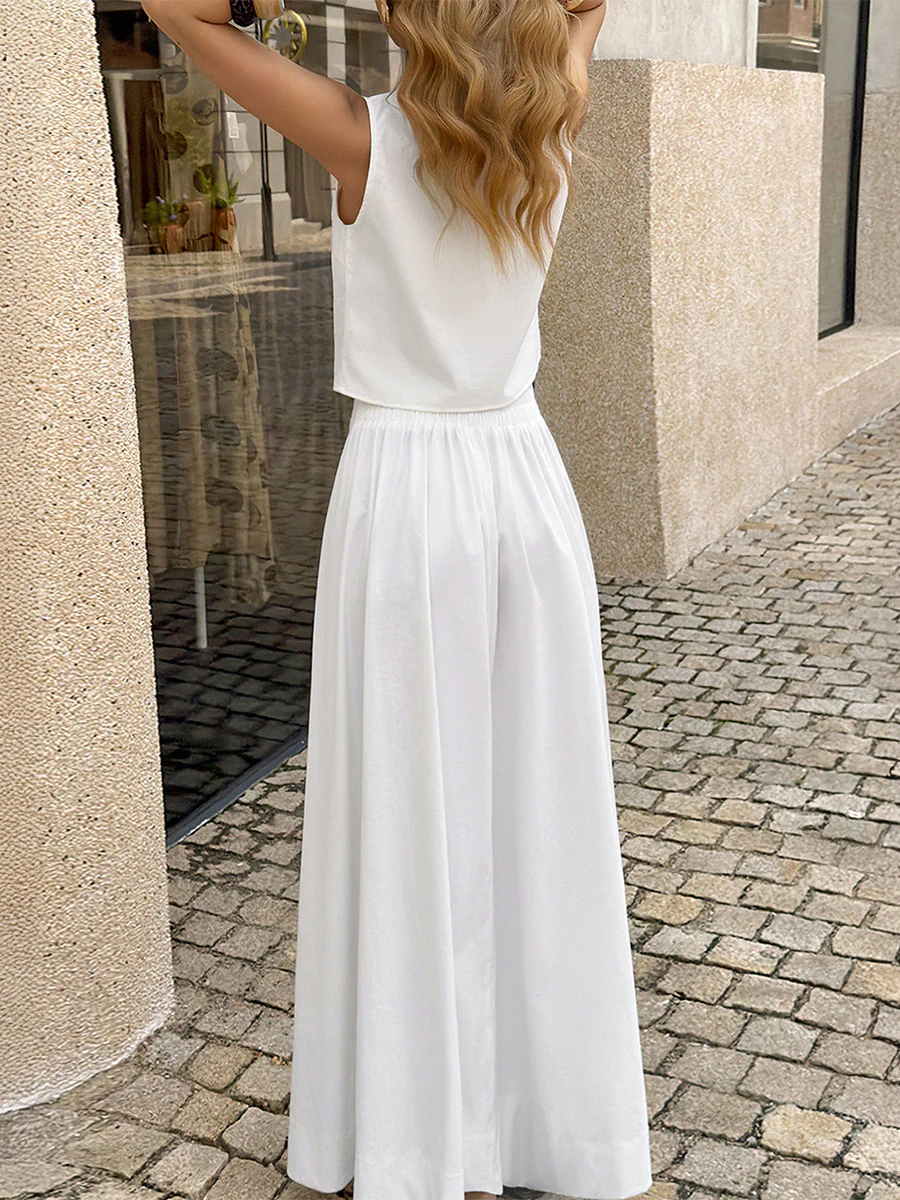 Loose Sleeveless Buttoned Solid Color Split-Side Round-Neck Vest Top + Pants Bottom Suits - Image 6
