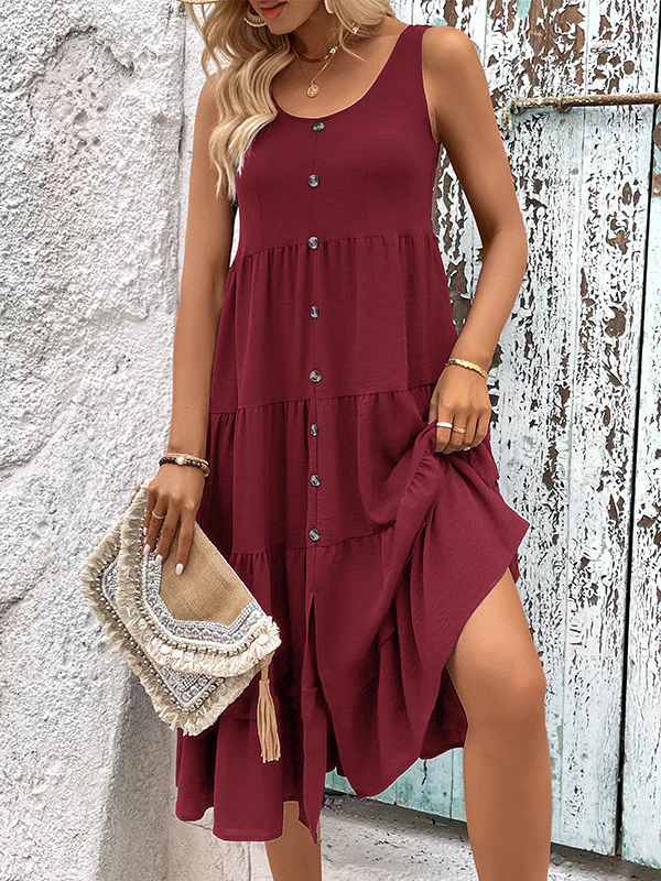 Loose Sleeveless Buttoned Solid Color Tiered Round-neck Midi Dresses - Image 10