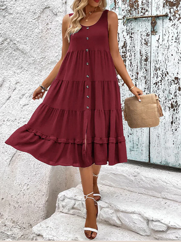 Loose Sleeveless Buttoned Solid Color Tiered Round-neck Midi Dresses - Image 11
