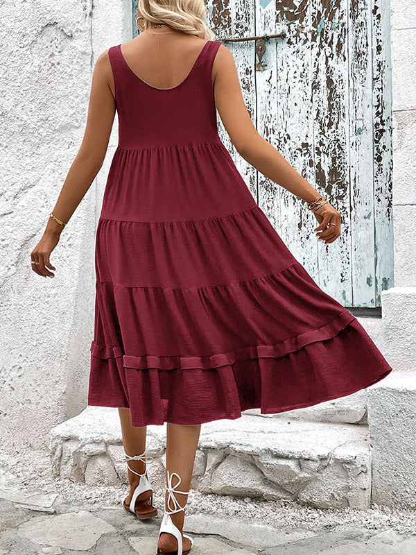Loose Sleeveless Buttoned Solid Color Tiered Round-neck Midi Dresses - Image 13