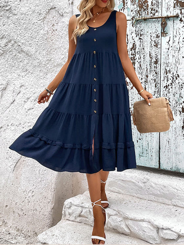 Loose Sleeveless Buttoned Solid Color Tiered Round-neck Midi Dresses - Image 14