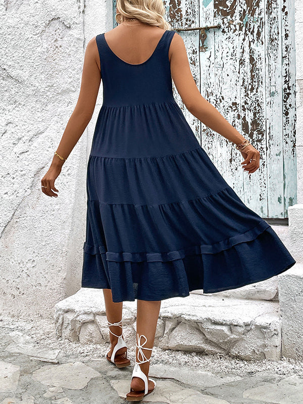 Loose Sleeveless Buttoned Solid Color Tiered Round-neck Midi Dresses - Image 15