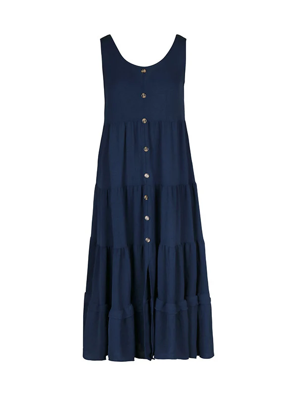 Loose Sleeveless Buttoned Solid Color Tiered Round-neck Midi Dresses - Image 18