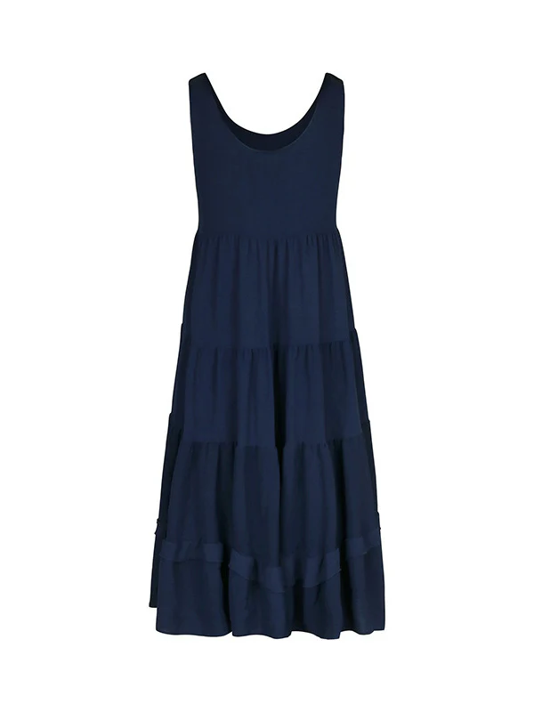 Loose Sleeveless Buttoned Solid Color Tiered Round-neck Midi Dresses - Image 19