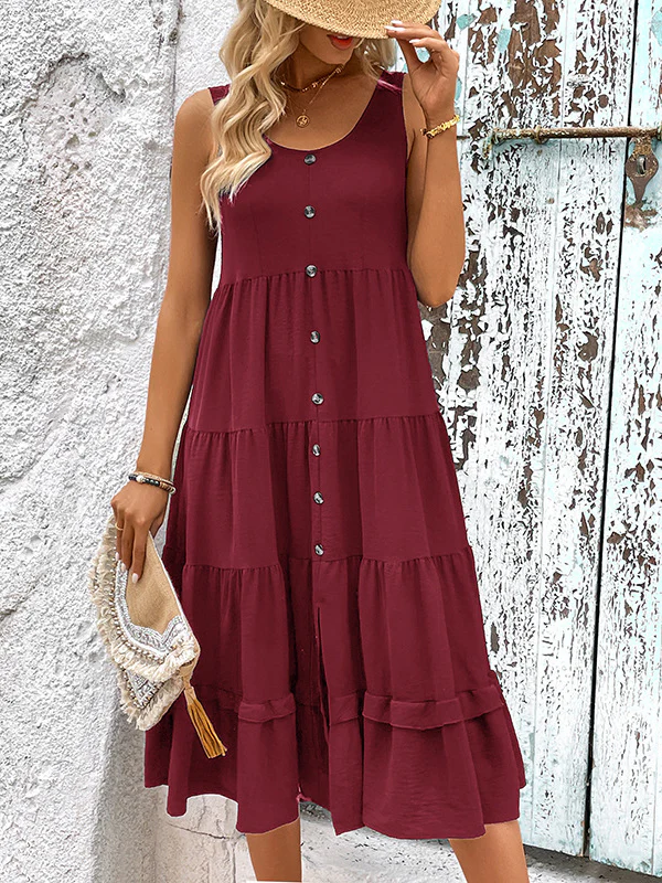 Loose Sleeveless Buttoned Solid Color Tiered Round-neck Midi Dresses - Image 2