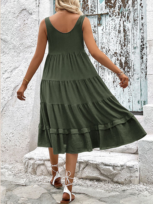 Loose Sleeveless Buttoned Solid Color Tiered Round-neck Midi Dresses - Image 6