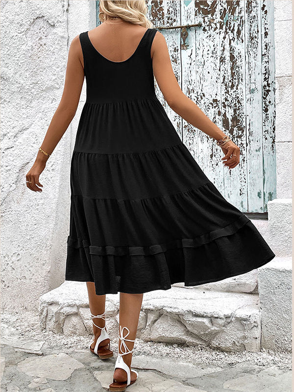 Loose Sleeveless Buttoned Solid Color Tiered Round-neck Midi Dresses - Image 9
