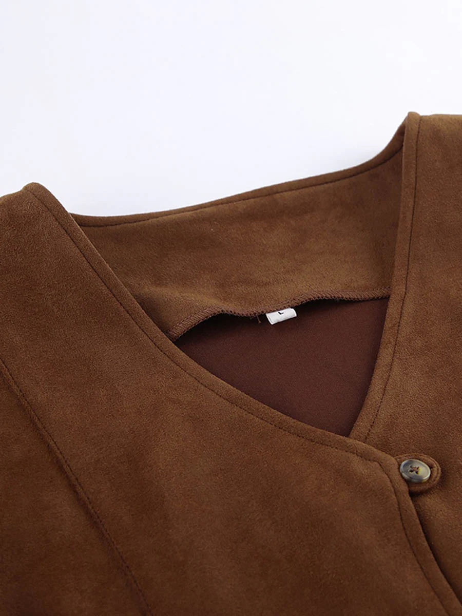 Loose Sleeveless Buttoned Solid Color V-Neck Vest Outerwear Waistcoat - Image 12