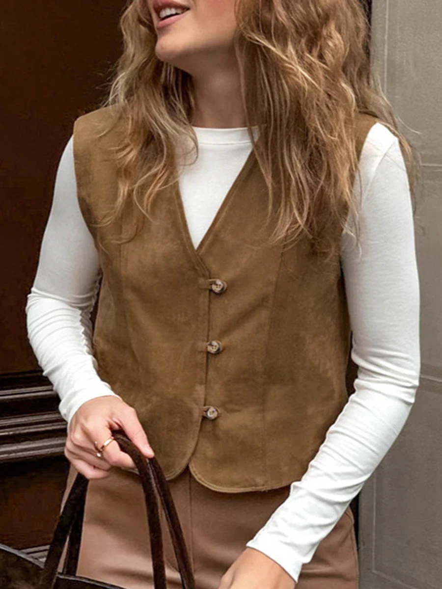 Loose Sleeveless Buttoned Solid Color V-Neck Vest Outerwear Waistcoat - Image 2