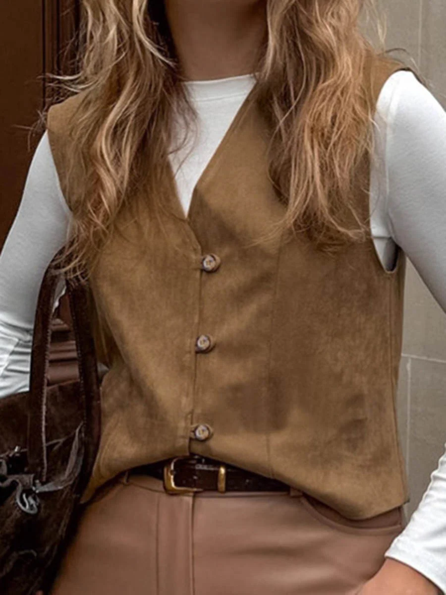 Loose Sleeveless Buttoned Solid Color V-Neck Vest Outerwear Waistcoat - Image 4