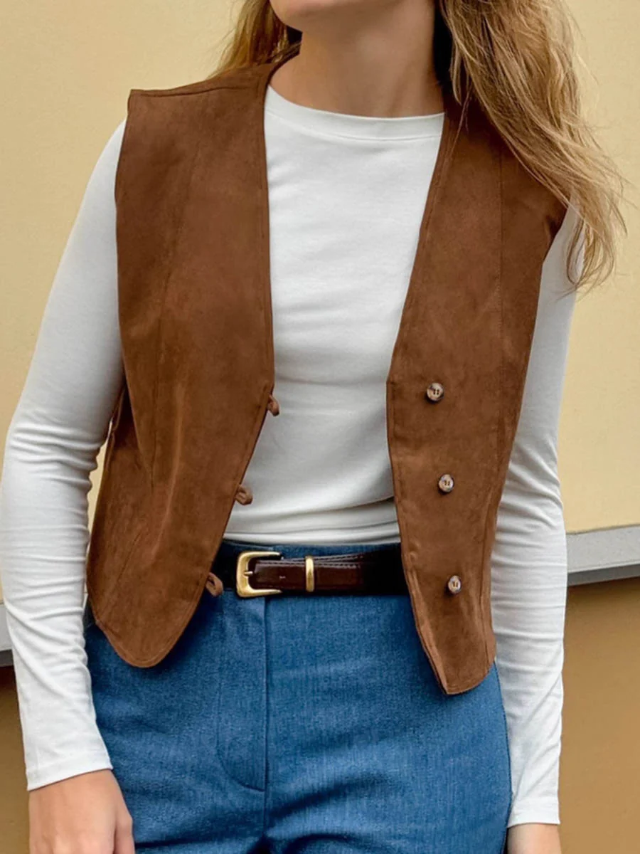 Loose Sleeveless Buttoned Solid Color V-Neck Vest Outerwear Waistcoat - Image 5
