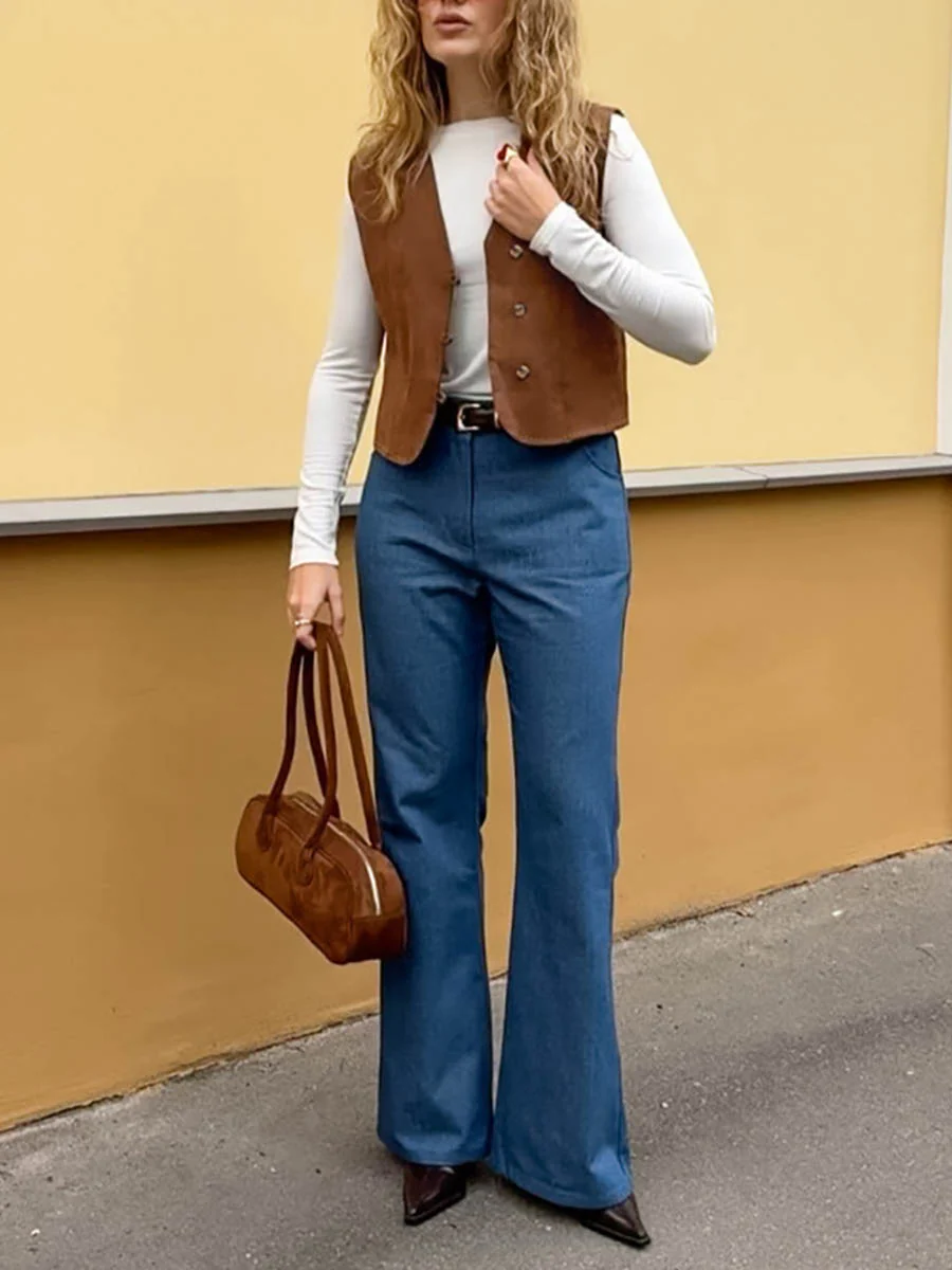 Loose Sleeveless Buttoned Solid Color V-Neck Vest Outerwear Waistcoat - Image 7