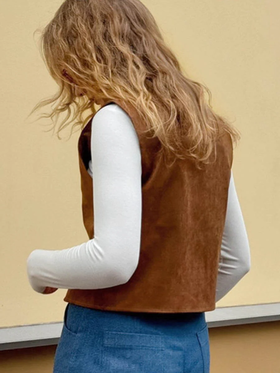 Loose Sleeveless Buttoned Solid Color V-Neck Vest Outerwear Waistcoat - Image 8