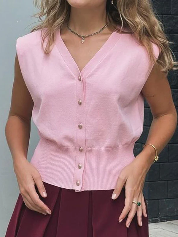 Loose Sleeveless Buttoned Solid Color V-Neck Vest Top - Image 2
