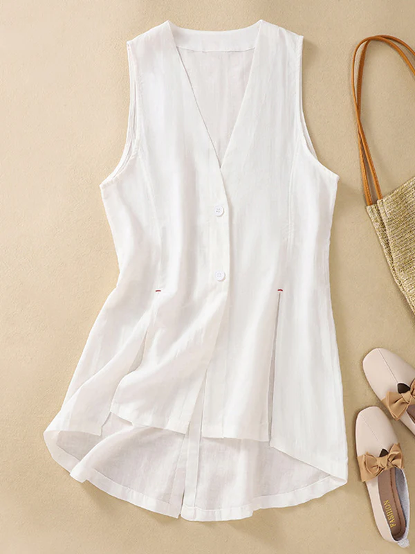 Loose Sleeveless Buttoned Solid Color V-Neck Vest Top - Image 2