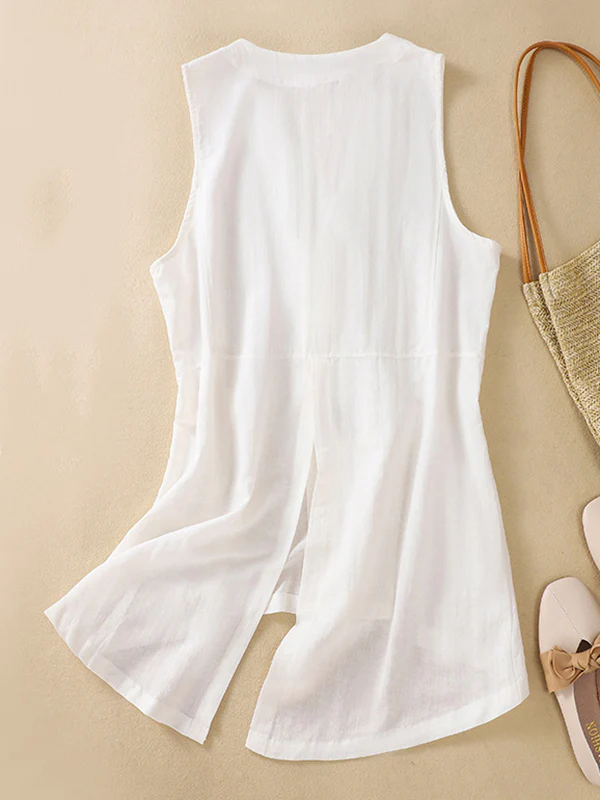 Loose Sleeveless Buttoned Solid Color V-Neck Vest Top - Image 3