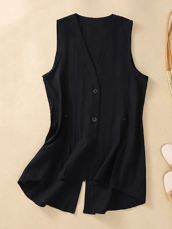 Loose Sleeveless Buttoned Solid Color V-Neck Vest Top - Image 4