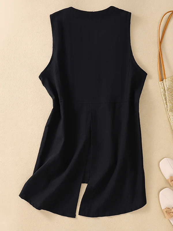 Loose Sleeveless Buttoned Solid Color V-Neck Vest Top - Image 5