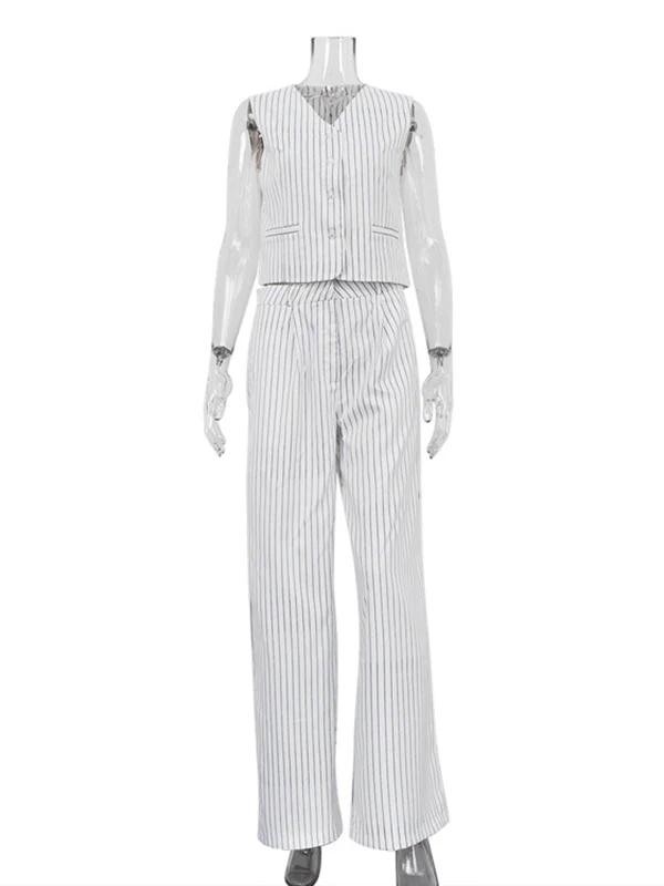 Loose Sleeveless Buttoned Striped V-Neck Vest Top + Pockets Pants Bottom Two Pieces Set - Image 10