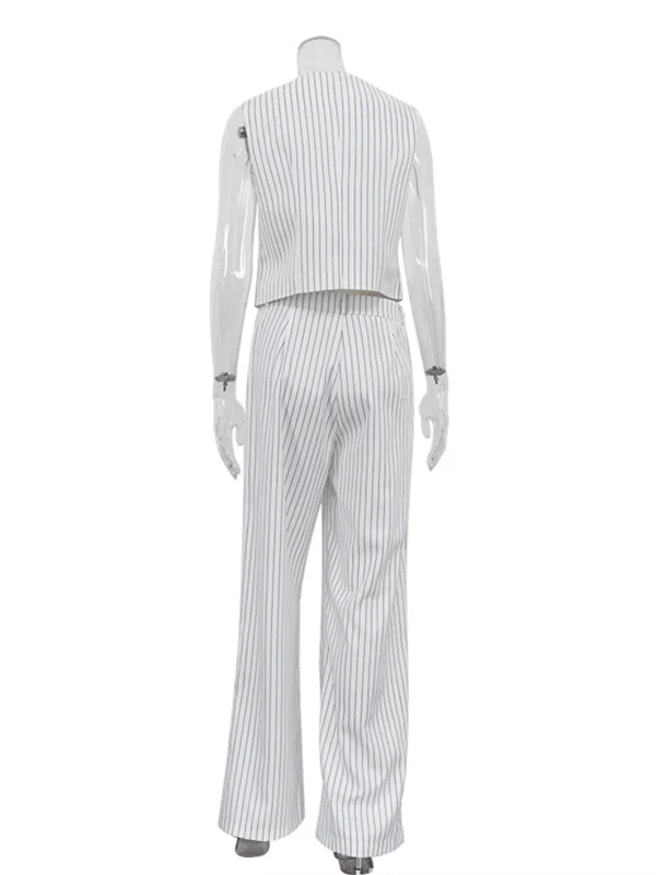 Loose Sleeveless Buttoned Striped V-Neck Vest Top + Pockets Pants Bottom Two Pieces Set - Image 11