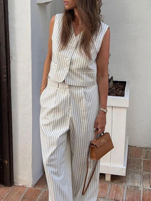 Loose Sleeveless Buttoned Striped V-Neck Vest Top + Pockets Pants Bottom Two Pieces Set - Image 2