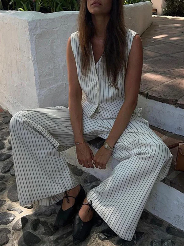 Loose Sleeveless Buttoned Striped V-Neck Vest Top + Pockets Pants Bottom Two Pieces Set - Image 3