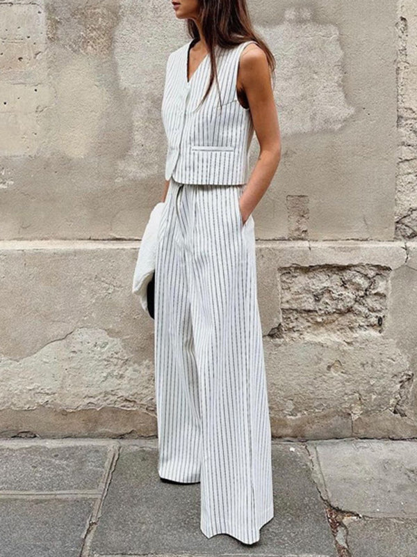Loose Sleeveless Buttoned Striped V-Neck Vest Top + Pockets Pants Bottom Two Pieces Set - Image 4