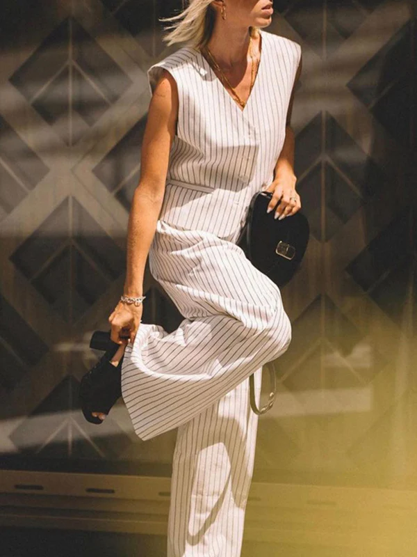 Loose Sleeveless Buttoned Striped V-Neck Vest Top + Pockets Pants Bottom Two Pieces Set - Image 6