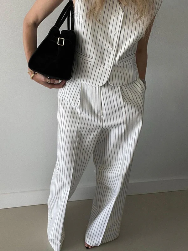 Loose Sleeveless Buttoned Striped V-Neck Vest Top + Pockets Pants Bottom Two Pieces Set - Image 7