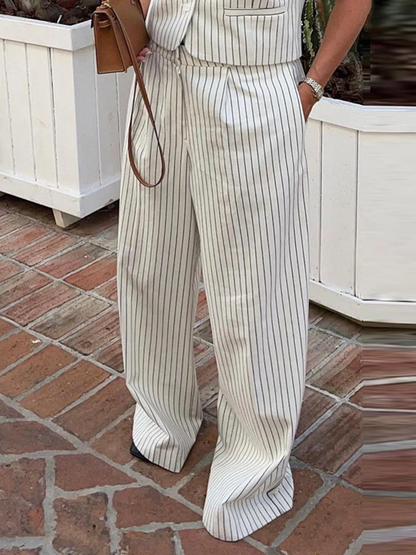 Loose Sleeveless Buttoned Striped V-Neck Vest Top + Pockets Pants Bottom Two Pieces Set - Image 8