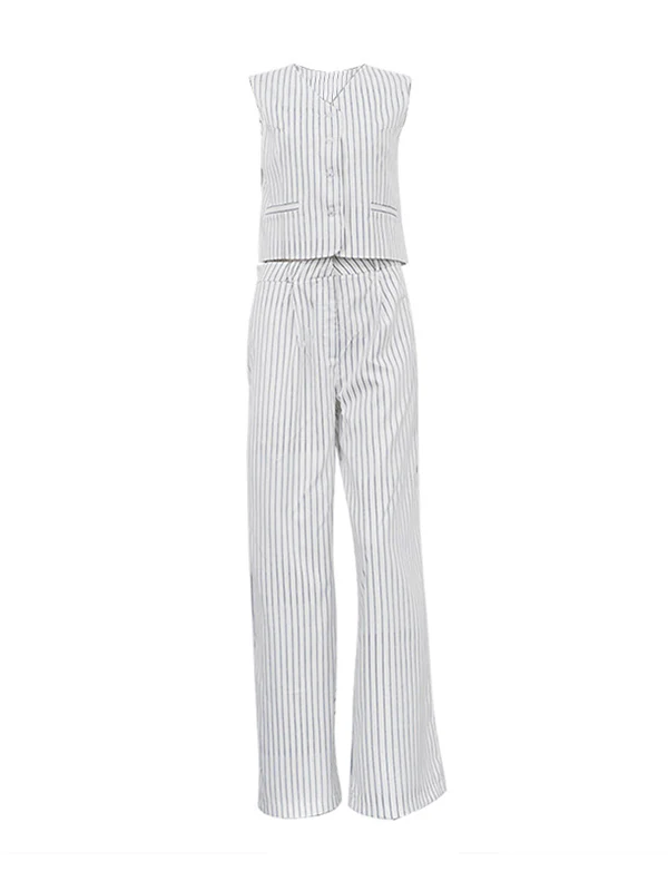 Loose Sleeveless Buttoned Striped V-Neck Vest Top + Pockets Pants Bottom Two Pieces Set - Image 9