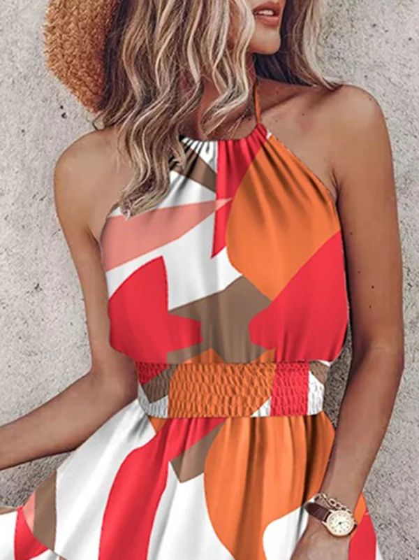 Loose Sleeveless Color-Block Contrast Color Elasticity Split-Joint Halter-Neck Mini Dresses - Image 2