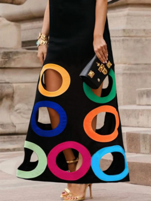 Loose Sleeveless Colorful Hollow Shawl Collar Maxi Dresses - Image 3