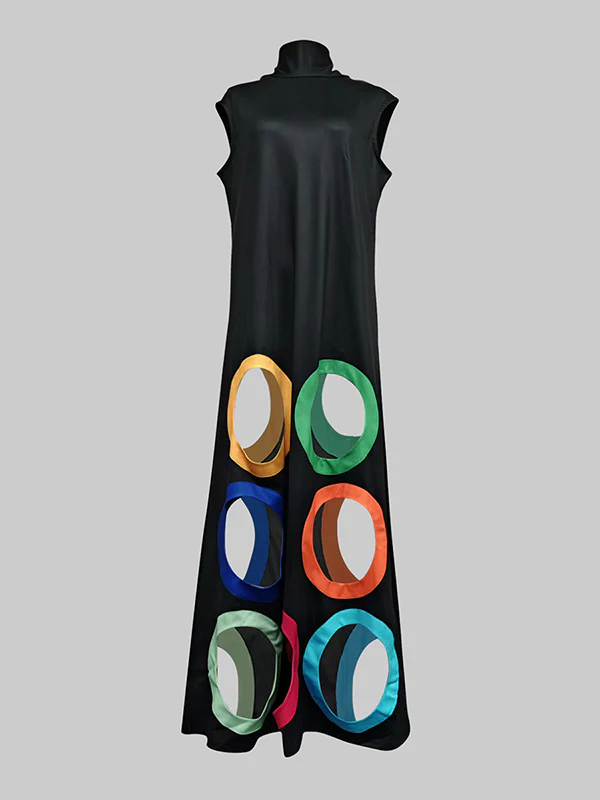 Loose Sleeveless Colorful Hollow Shawl Collar Maxi Dresses - Image 4