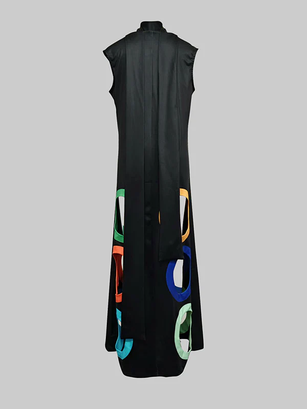 Loose Sleeveless Colorful Hollow Shawl Collar Maxi Dresses - Image 5