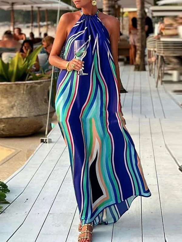 Loose Sleeveless Colorful Striped Halter-Neck Maxi Dresses - Image 2