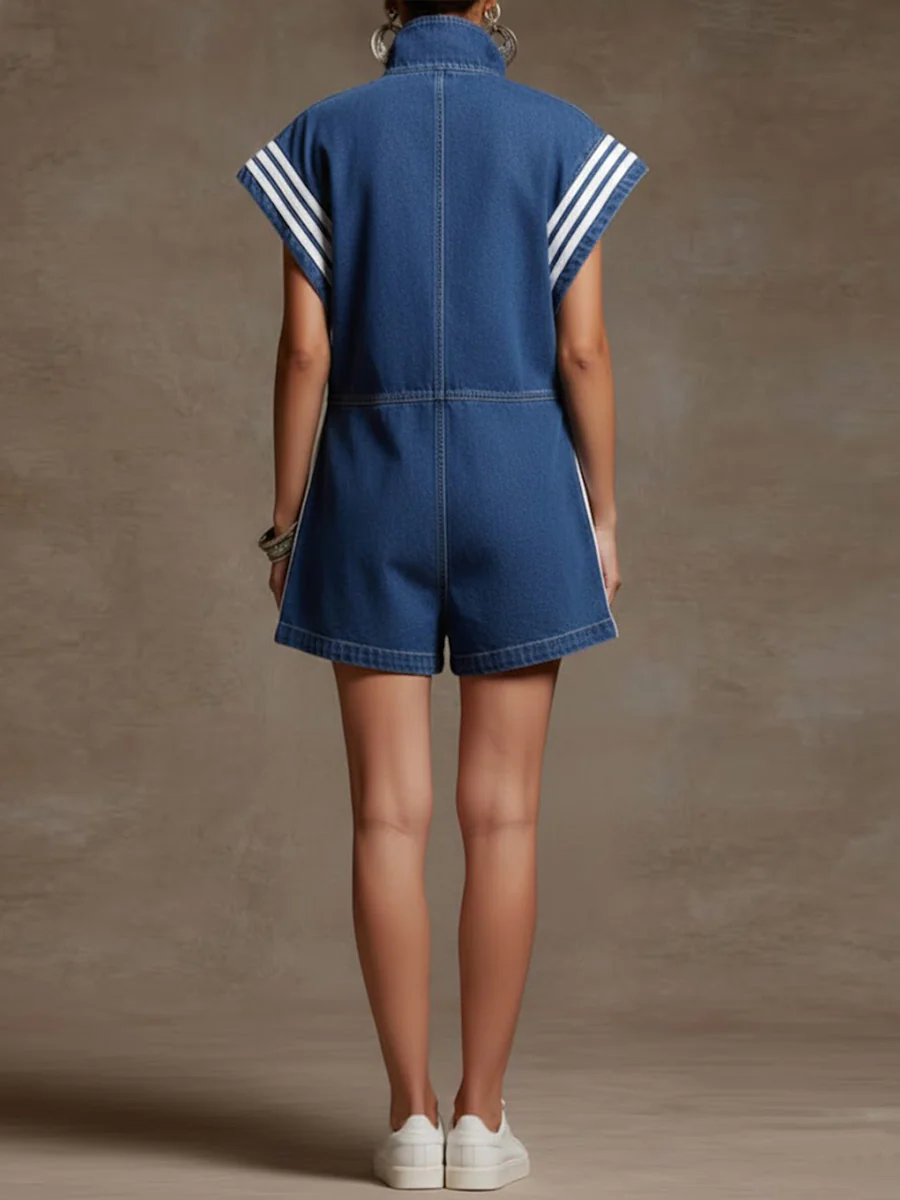 Loose Sleeveless Contrast Color Drawstring Pockets Split-Joint Striped Zipper Stand Collar Rompers - Image 2