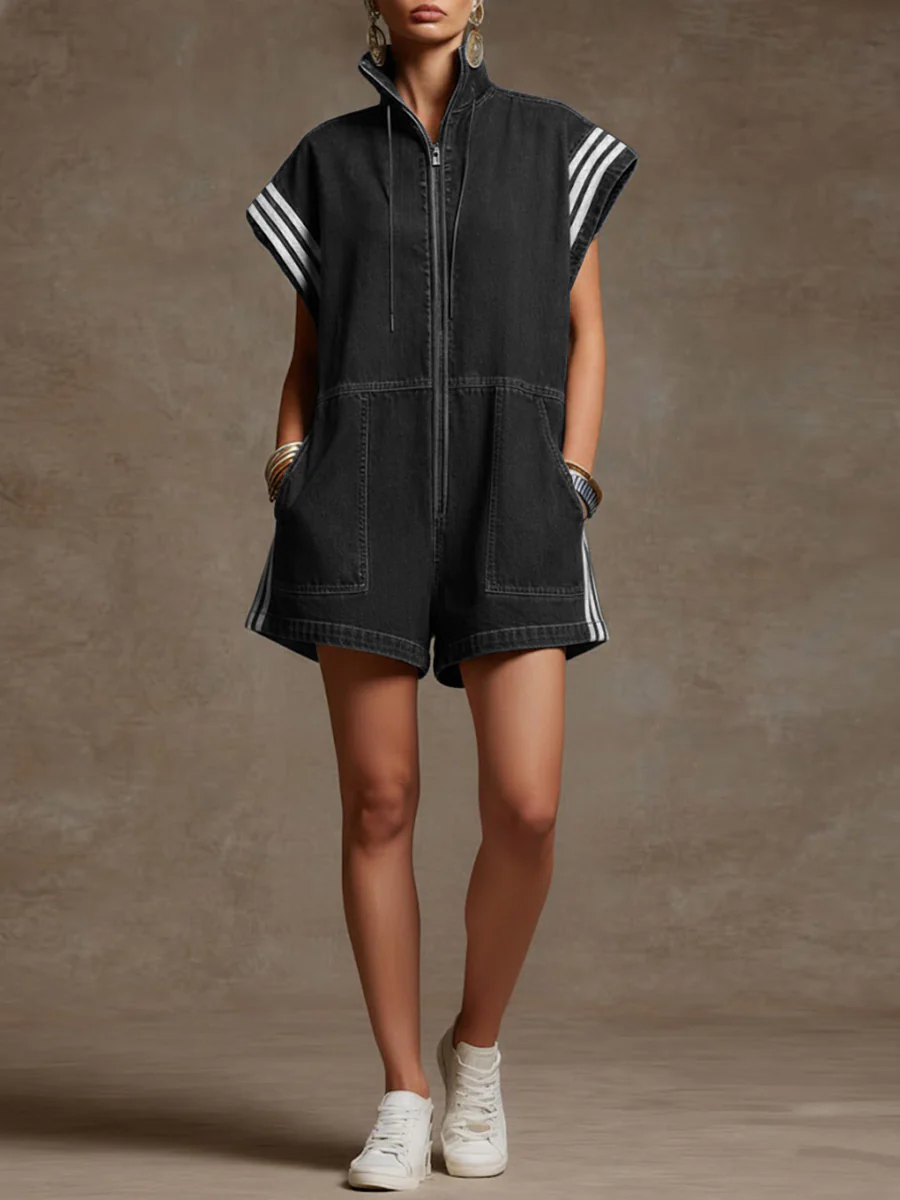 Loose Sleeveless Contrast Color Drawstring Pockets Split-Joint Striped Zipper Stand Collar Rompers - Image 3