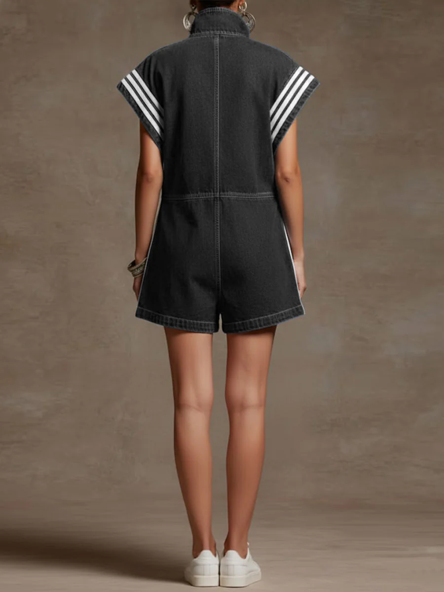 Loose Sleeveless Contrast Color Drawstring Pockets Split-Joint Striped Zipper Stand Collar Rompers - Image 4