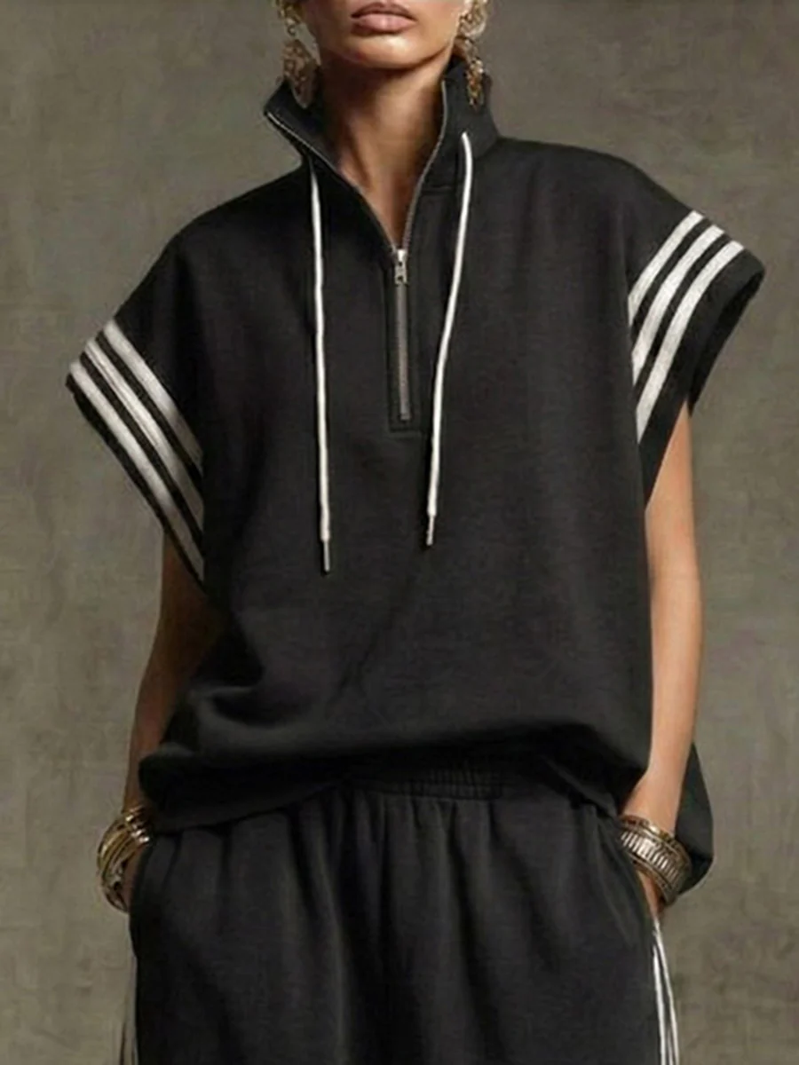 Loose Sleeveless Contrast Color Drawstring Split-Joint Striped Zipper Mock Neck Blouses&Shirts Tops - Image 2