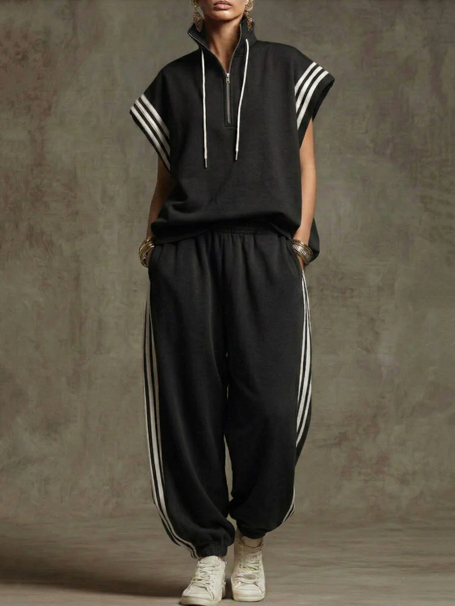 Loose Sleeveless Contrast Color Drawstring Split-Joint Striped Zipper Mock Neck Blouses&Shirts Tops - Image 3