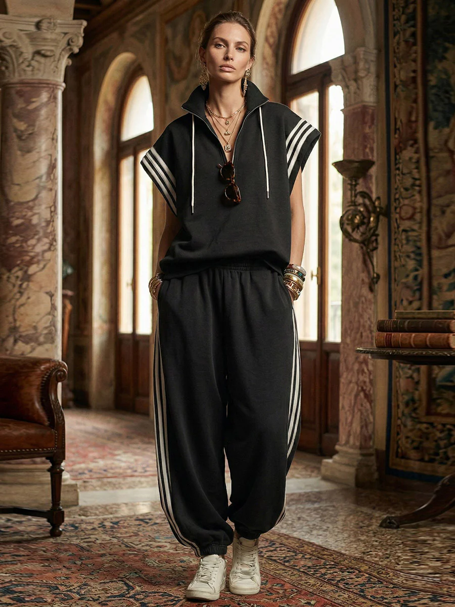 Loose Sleeveless Contrast Color Drawstring Split-Joint Striped Zipper Mock Neck Blouses&Shirts Tops - Image 4