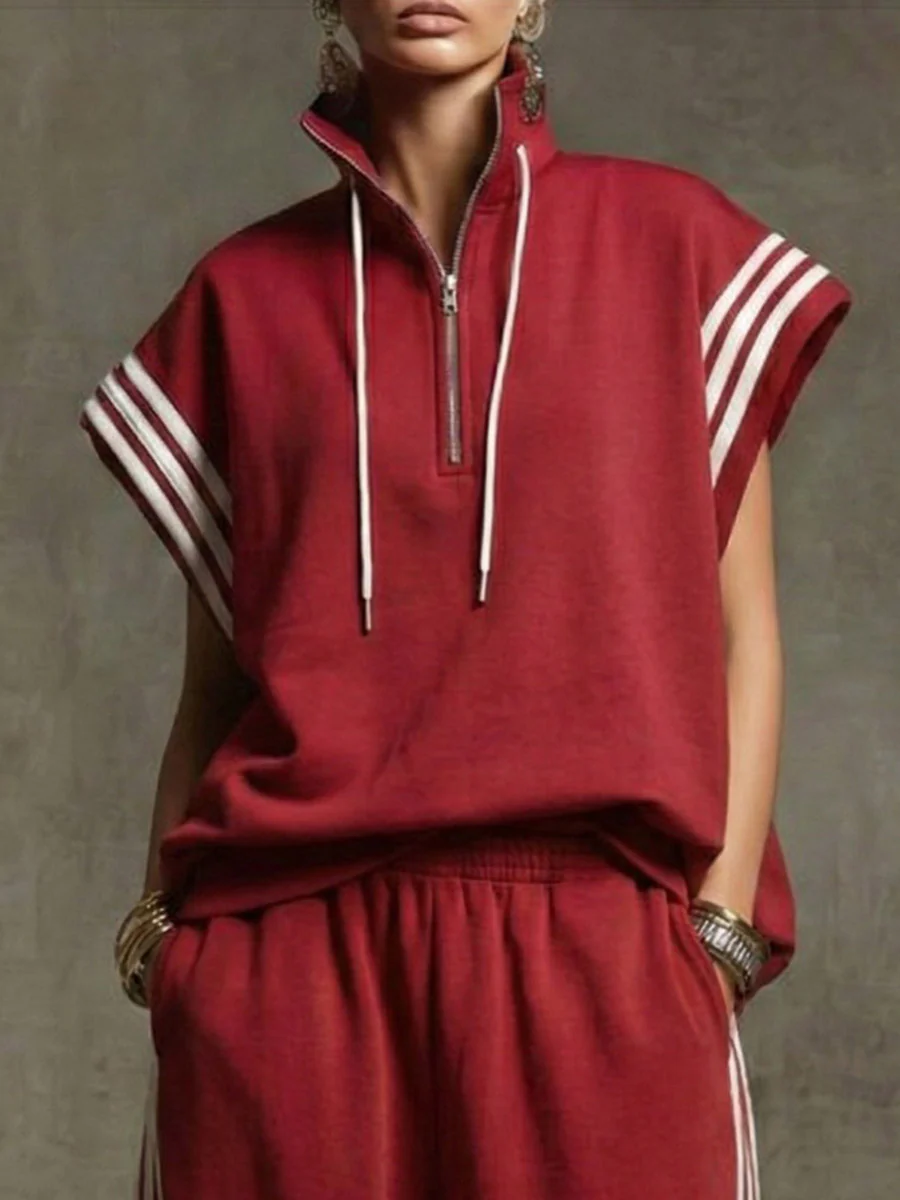 Loose Sleeveless Contrast Color Drawstring Split-Joint Striped Zipper Mock Neck Blouses&Shirts Tops - Image 5