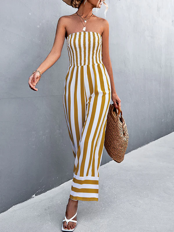 Loose Sleeveless Contrast Color Elasticity Striped Tube Jumpsuits - Image 5
