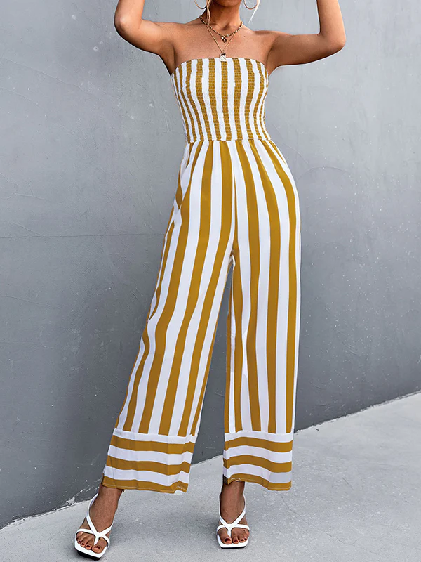 Loose Sleeveless Contrast Color Elasticity Striped Tube Jumpsuits - Image 6