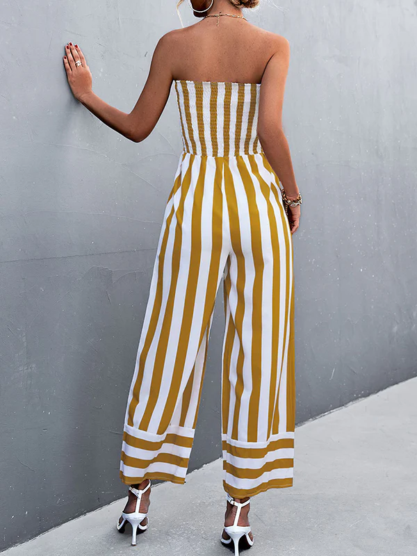 Loose Sleeveless Contrast Color Elasticity Striped Tube Jumpsuits - Image 7